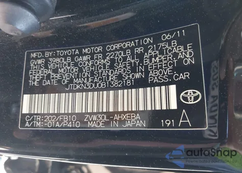 2011 Toyota Prius Two from USA, damaged, VIN JTDKN3DU0B1382181